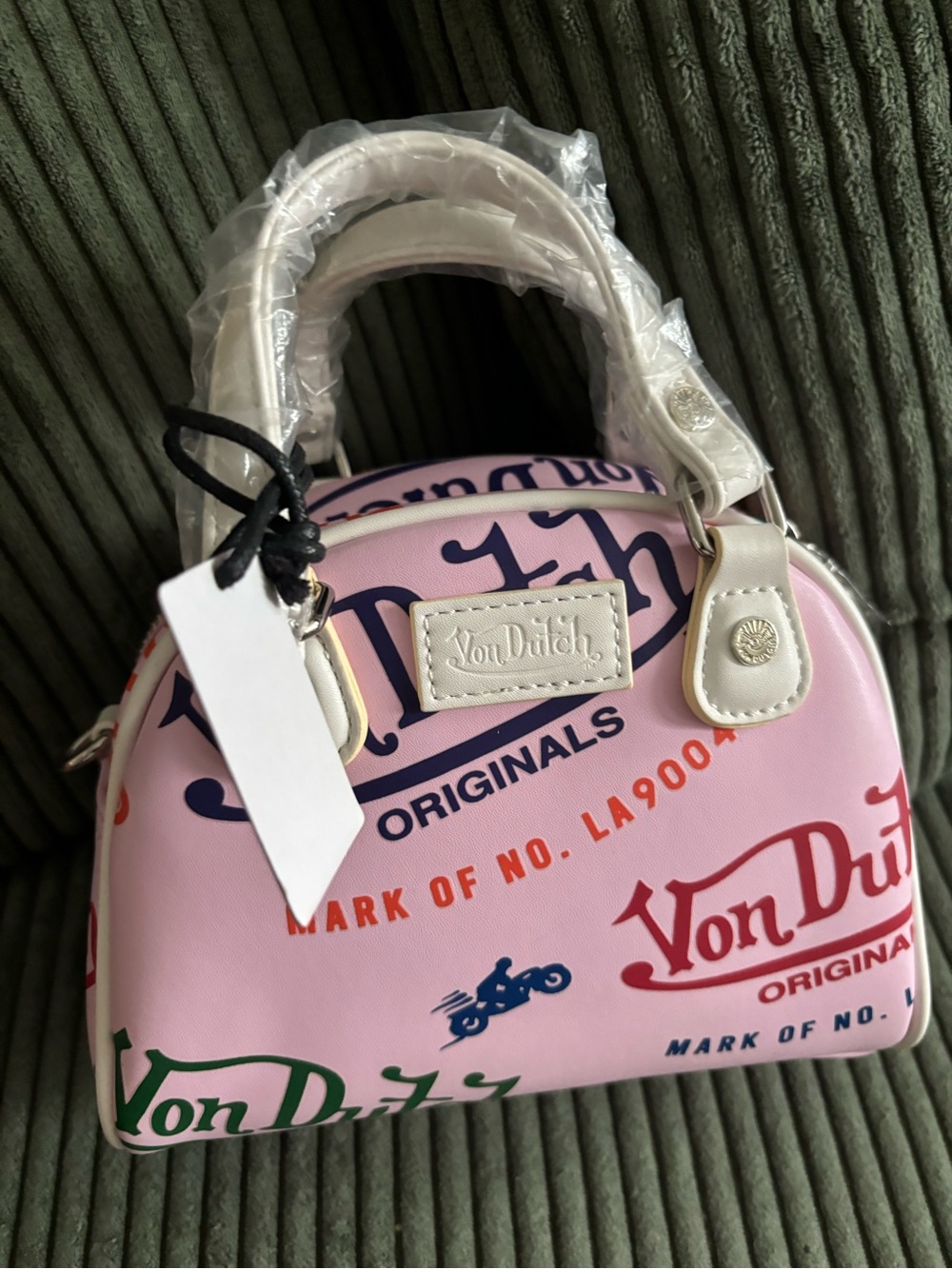 Von Dutch Pink Logo Print Mini Dome Bag with White Handles